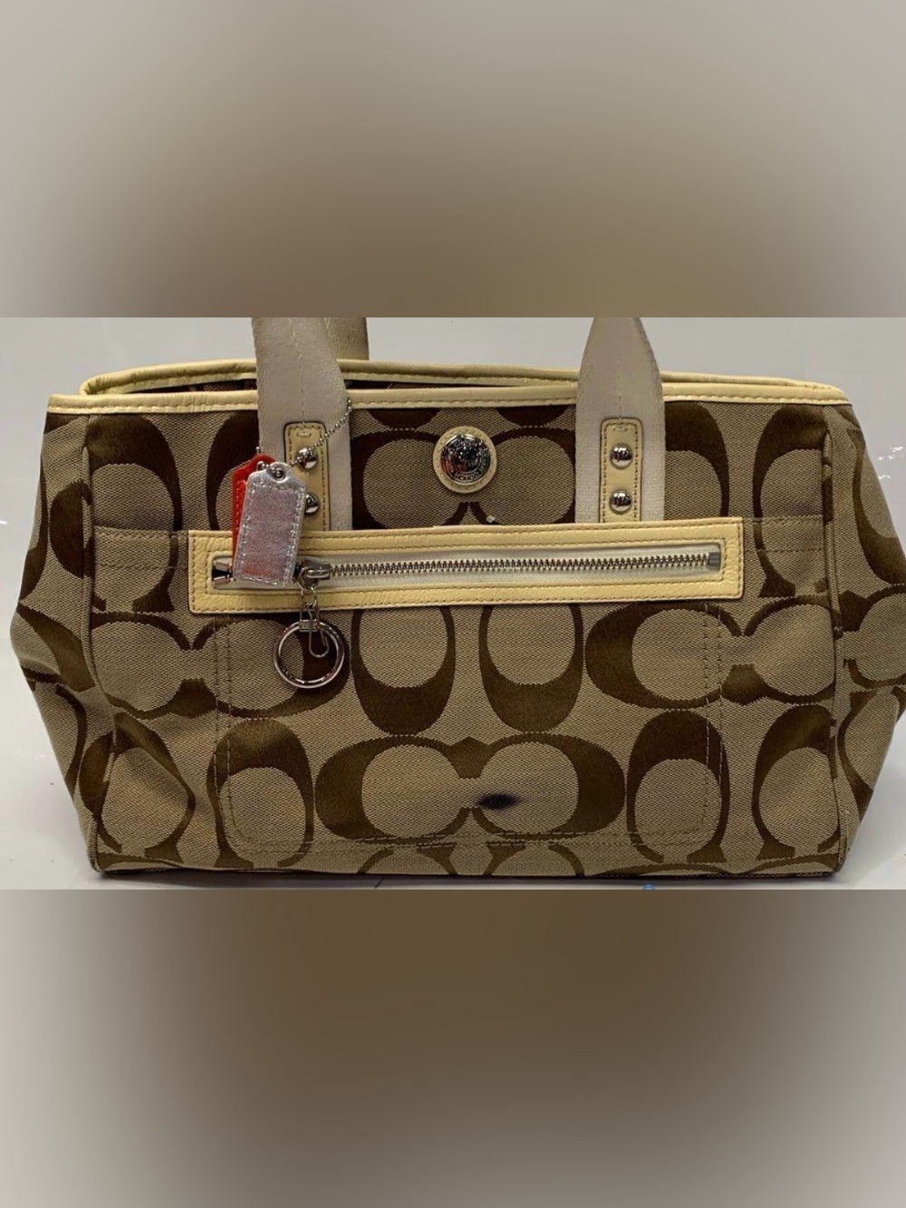 Coach Tan and Brown Signature Canvas Tote with Cream Trim